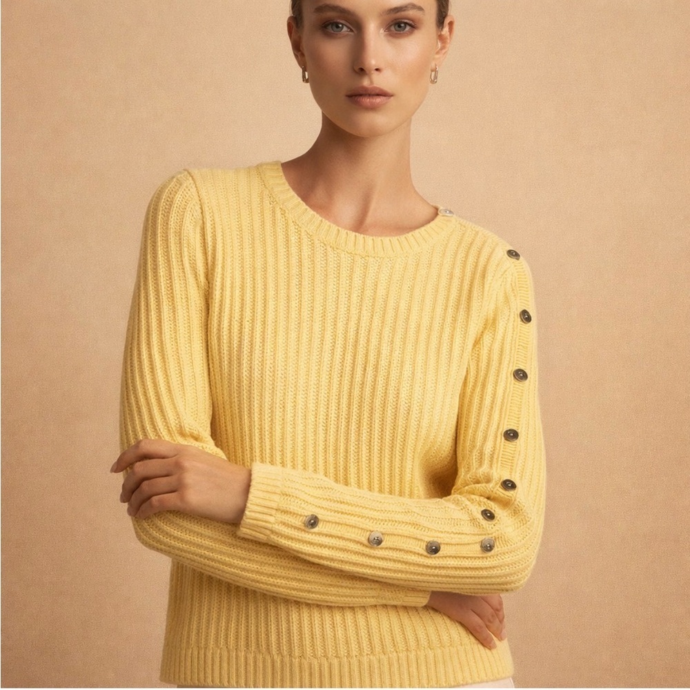 Like New Talbots Petite Yellow Crew Neck Sweater SP W/ Buttons on Sleeve